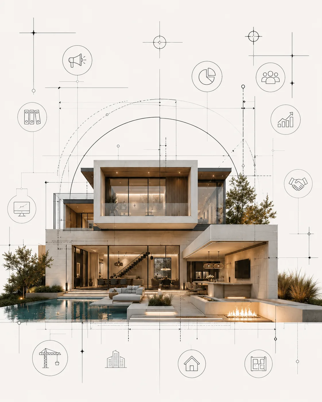 Desenho técnico de uma residência contemporânea sobreposto por marcações de projeto e ícones de estratégia, audiência, mídia e análise — o método da Match Point aplicado a Construction, Real Estate e Architecture.