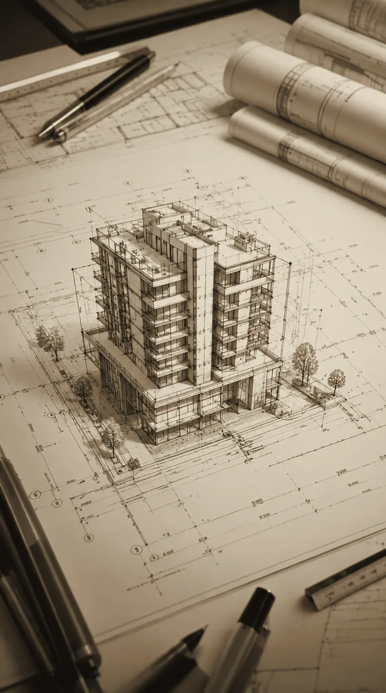Desenho técnico de um edifício residencial sobre a prancheta, entre plantas e instrumentos — a vertical de Architecture da Match Point.