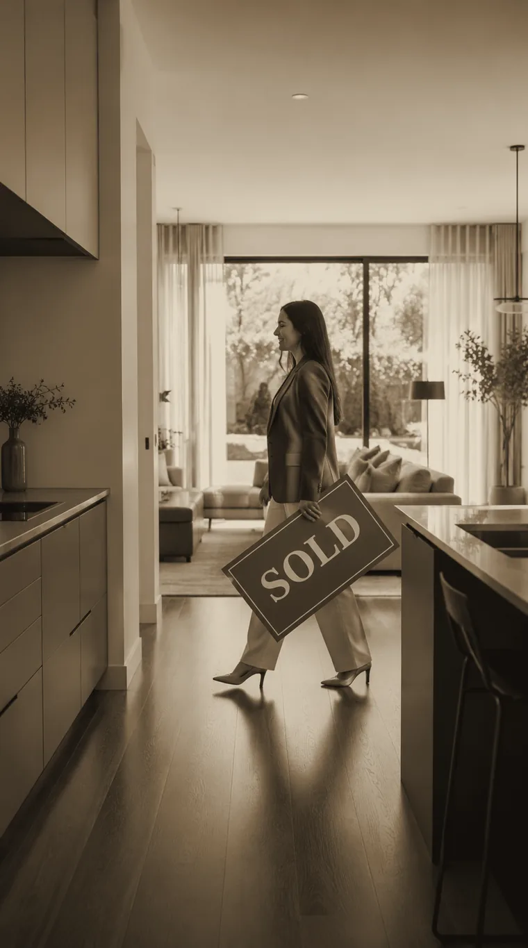 Corretora atravessando uma casa contemporânea com uma placa &lsquo;Sold&rsquo; — a vertical de Real Estate da Match Point.